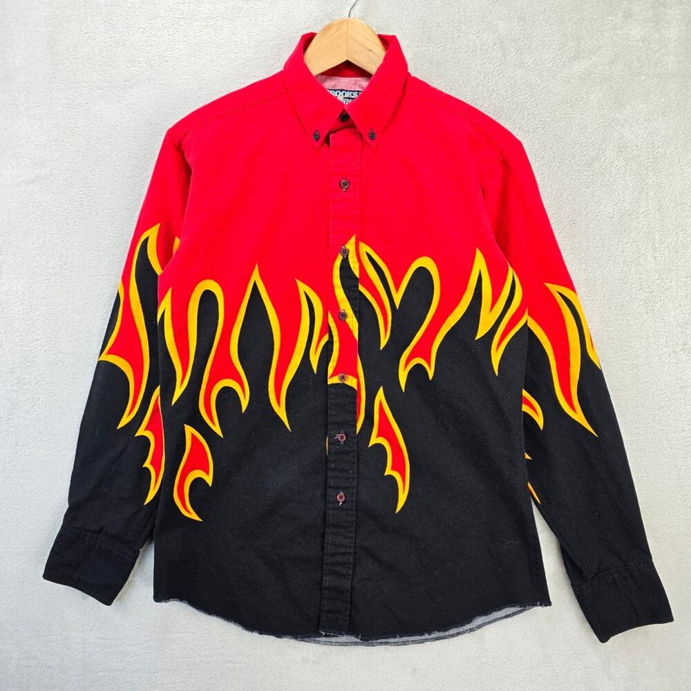 Vintage Brooks & Dunn Western Shirt Mens Medium Red Black Button Up Flames USA